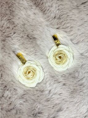 Cream Floral Drop Earrings with Gold Accent